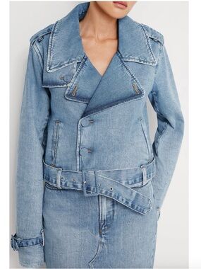 Good American Belted Crop Light Wash Moto Biker Baddie Denim Jean Jacket XS